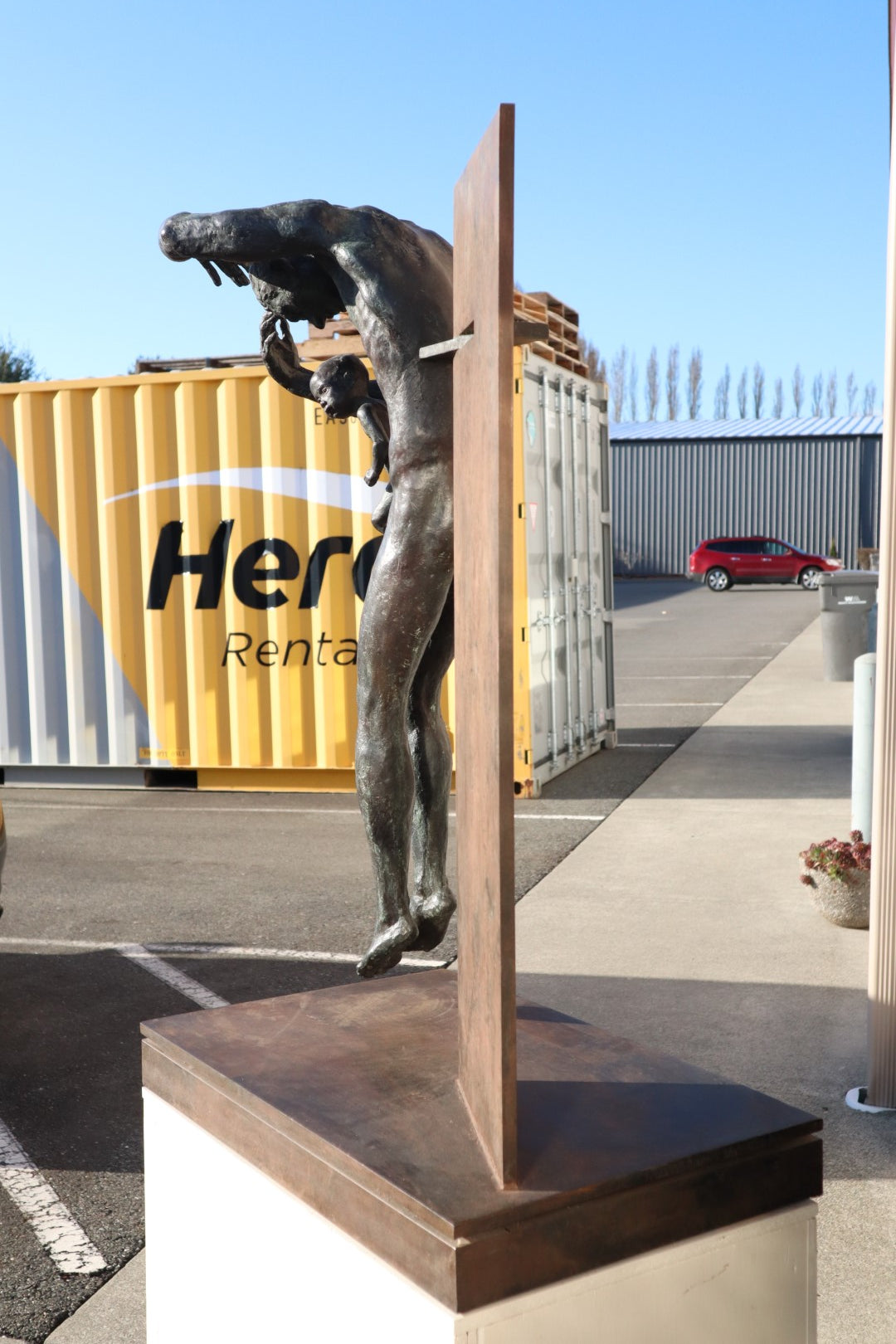TREVOR SOUTHEY BRONZE SCULPTURE, "FATHERHOOD", DEPICTION OF MAN WITH INFANT, BRONZE AND STEEL, WITH BASE