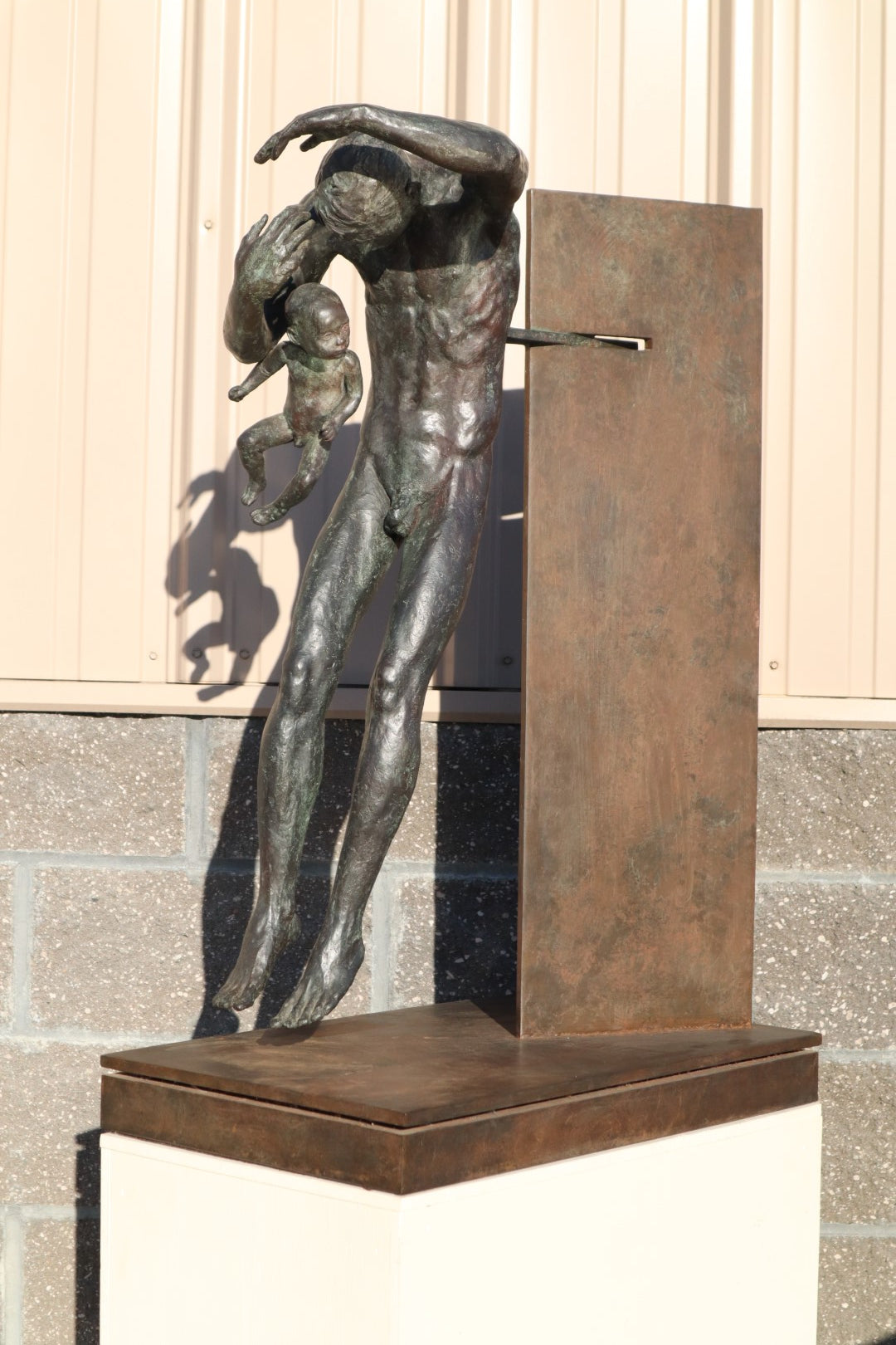 TREVOR SOUTHEY BRONZE SCULPTURE, "FATHERHOOD", DEPICTION OF MAN WITH INFANT, BRONZE AND STEEL, WITH BASE