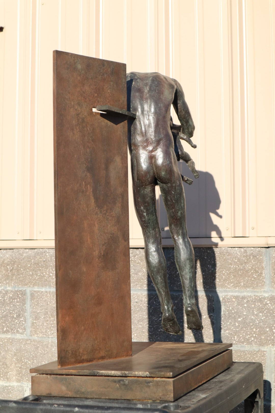 TREVOR SOUTHEY BRONZE SCULPTURE, "FATHERHOOD", DEPICTION OF MAN WITH INFANT, BRONZE AND STEEL, WITH BASE